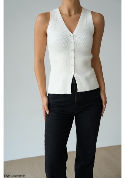 Kadın V Yaka Düğmeli Triko Yelek fiyatları