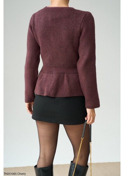 Kadın Fırfır Detaylı Basıc Fitilli Düğmeli Triko Hırka