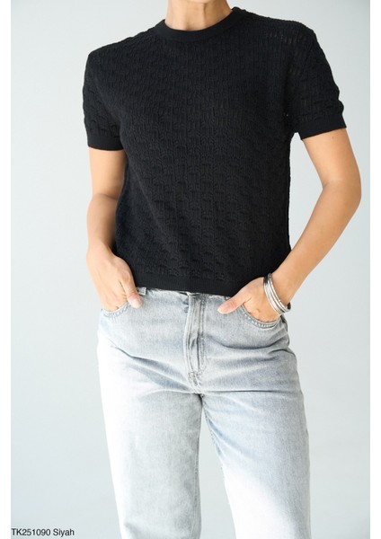 Kadın Bisiklet Yaka Transpran Kısa Kol Kazak