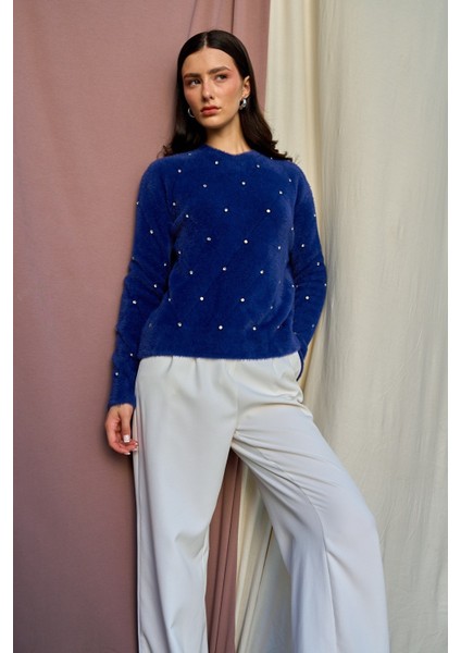 Kadın Taş Detaylı Peluş Standart Kazak modelleri