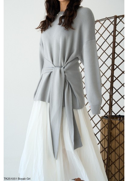 Kadın Geniş Kol Kendinden Kuşaklı Triko Kazak