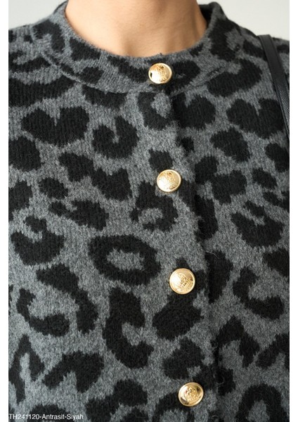 Kadın Leopar Desenli Düğmeli Triko Hırka modelleri