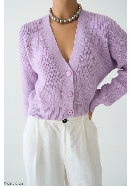 Kadın Düğmeli Standart Beden Kısa Basıc Triko Hırka