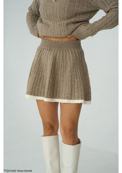 Kadın Triko Mini Etek Erkek Yakaz Kazak Ikili Takım