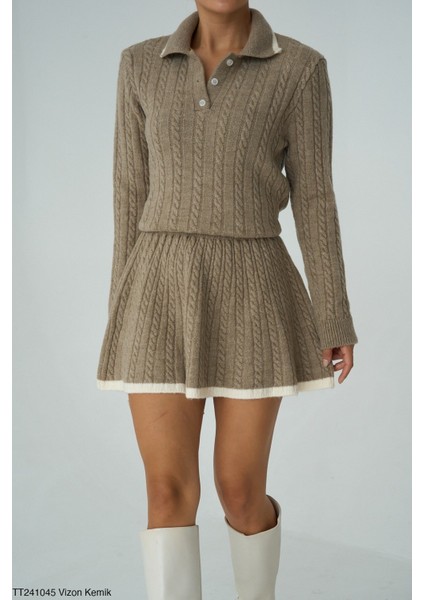 Kadın Triko Mini Etek Erkek Yakaz Kazak Ikili Takım fiyatları