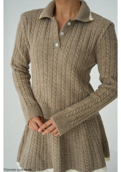 Kadın Triko Mini Etek Erkek Yakaz Kazak Ikili Takım modelleri