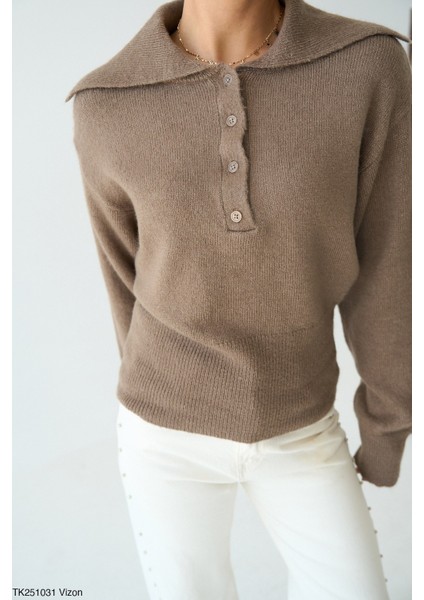 Kadın Yarım Düğmeli Basic Kışlık Trikoz Kazak