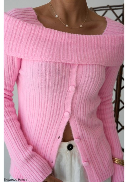 Kadın Kayık Yaka Komple Düğmeli Kışlık Triko Hırka