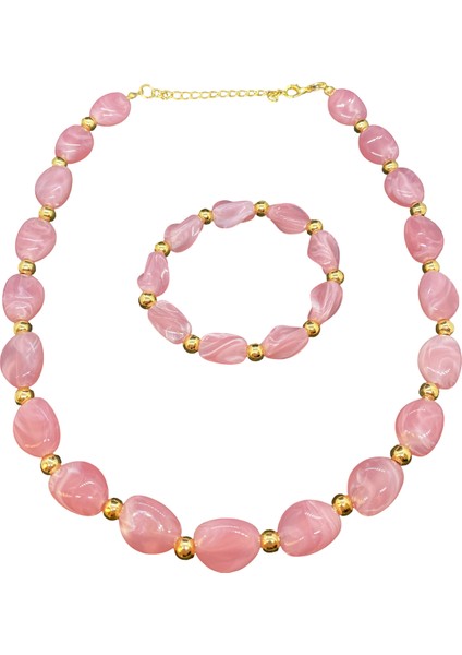 Gülkurusu Renk Akrilik Bileklik ve Kolye Seti (40-45 cm Uzatma Hariç Kolye Uzunluğu)