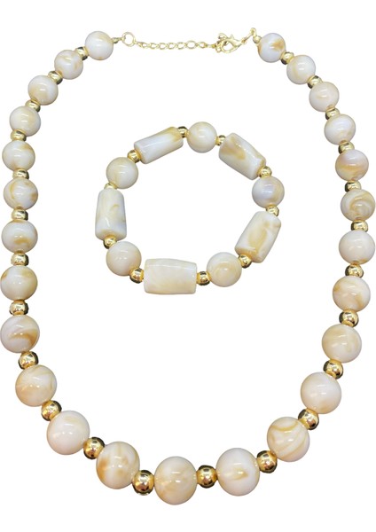 Krem Renk Akrilik Bileklik ve Kolye Seti (40-45 cm Uzatma Hariç Kolye Uzunluğu)