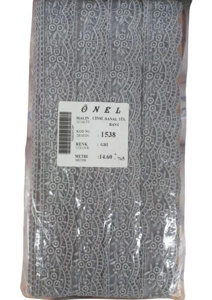 Dantel Polyester Sanal Tül Bant Gri 14,60 Metre En 3 cm ON-1538-G