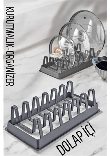 Tabak Düzenleyici Kurutmalık Dolap Içi Tencere Kapak Organizer Gri