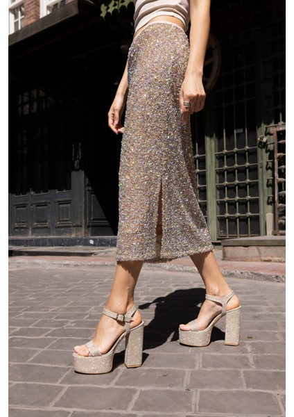 Jaclı Kadın Altın Simli Platform Topuklu Sandalet modelleri