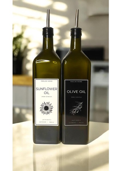 Home 2'li Amber 1000 ml Cam Ayçiçek Yağı Zeytinyağı Şişesi Yağdanlık Vintage Retro