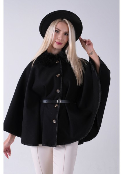 Siyah Yakası Kürklü Dikiş Detaylı Kemerli Panço 47122731.01