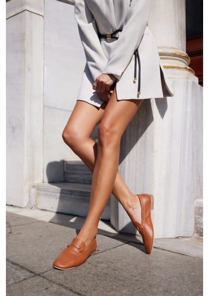 Geola Kadın Kahve Gercek Deri Tokalı Loafer Ayakkabi