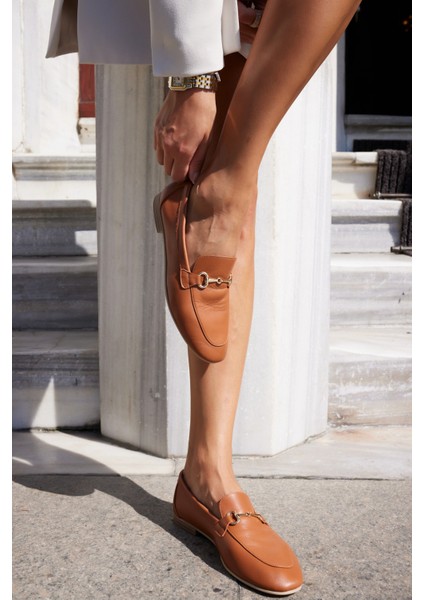 Geola Kadın Kahve Gercek Deri Tokalı Loafer Ayakkabi modelleri