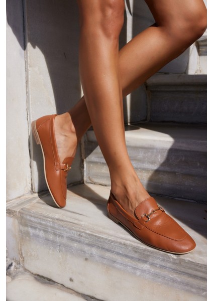 Geola Kadın Kahve Gercek Deri Tokalı Loafer Ayakkabi