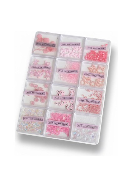 Pembe Nail Art Tırnak Süsleme Seti 12 Bölmeli | Çiçek, Kalp, Ayıcık, Inci ve Pul Tırnak Aksesuarları