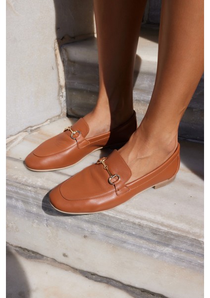 Geola Kadın Kahve Gercek Deri Tokalı Loafer Ayakkabi