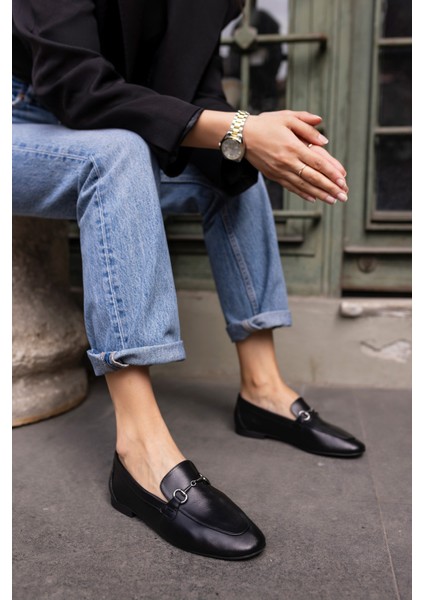 Geola Kadın Kahve Gercek Deri Tokalı Loafer Ayakkabi