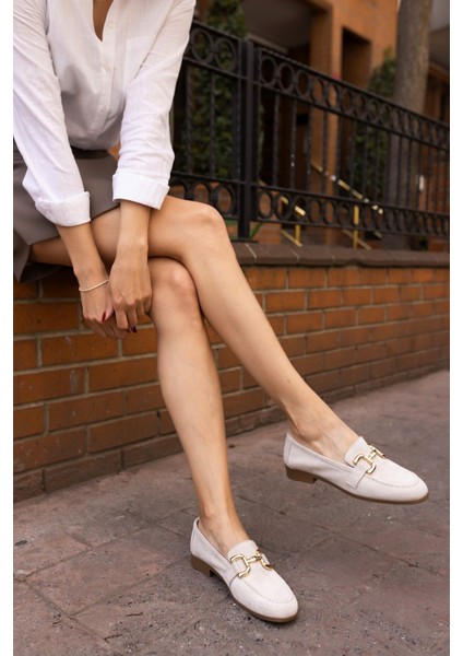 Trink Kadin Bej Gercek Deri Suet Loafer Ayakkabi