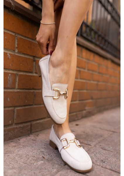 Trink Kadin Bej Gercek Deri Suet Loafer Ayakkabi