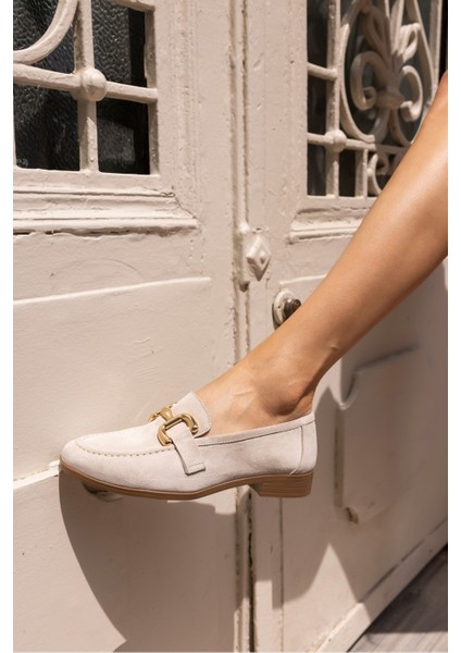 Trink Kadin Bej Gercek Deri Suet Loafer Ayakkabi