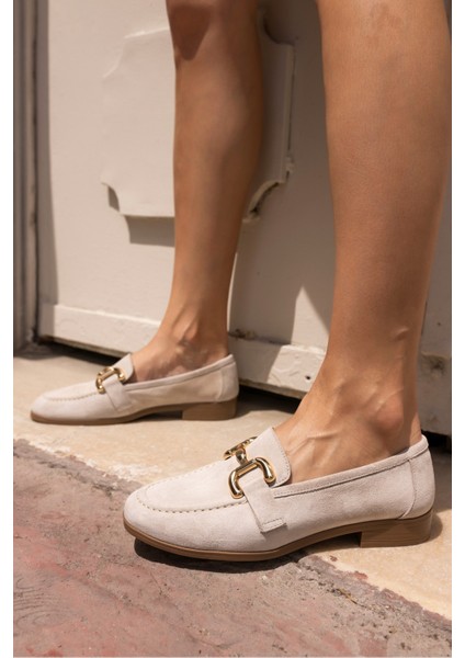 Trink Kadin Bej Gercek Deri Suet Loafer Ayakkabi