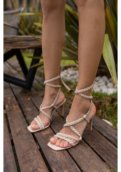 Sandi Kadin Bej Örgü Detay Topuklu Sandalet indirimleri