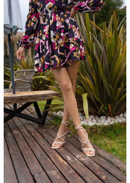 Sandi Kadin Bej Örgü Detay Topuklu Sandalet