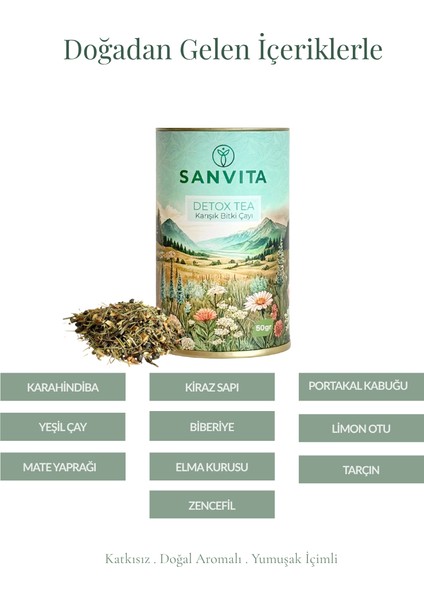 Detox Tea – Yeşil Çay, Mate ve Karahindiba Karışımı | Meyve Aromalı Bitki Çayı 50 gr modelleri