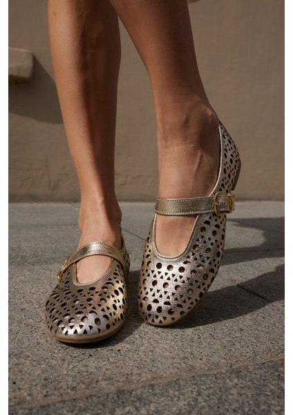 Olimpus Kadın Gold Altın Gercek Deri Babet