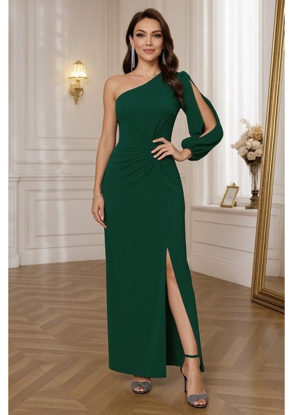 Tek Omuz Açık Derin Yırtmaçlı Krep Tam Boy Elbise fiyatları