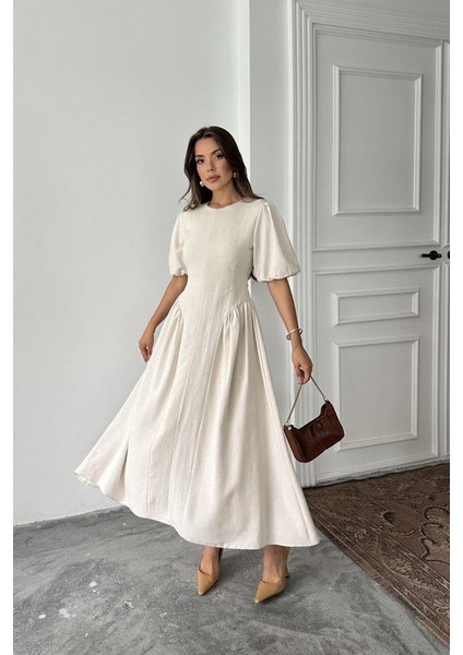 Bej Arkadan Bağlamalı Büzgülü Keten Elbise
