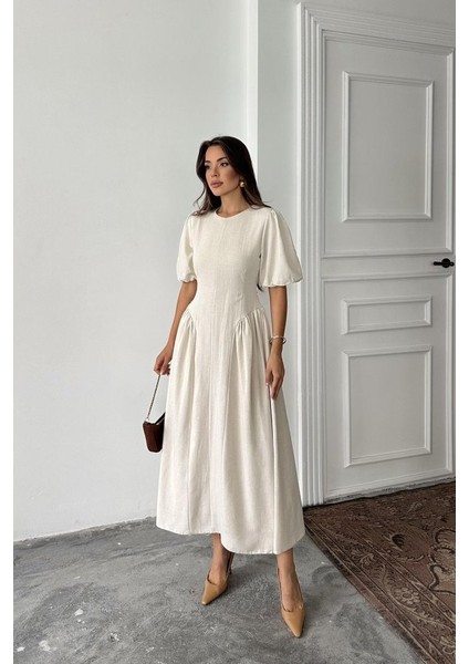 Bej Arkadan Bağlamalı Büzgülü Keten Elbise modelleri