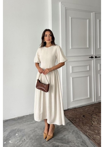 Bej Arkadan Bağlamalı Büzgülü Keten Elbise fırsatları