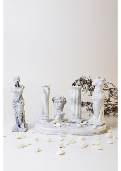 Antik Heykel Seti - Antik Büst ve Sütun Dekoratif Set – 5 Parçalı Mermer Desen Beton Dekorasyon