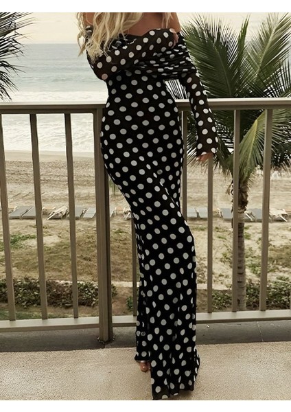 Puantiyeli Tül Içi Astarlı Madonna Yaka Maxi Boy Elbise