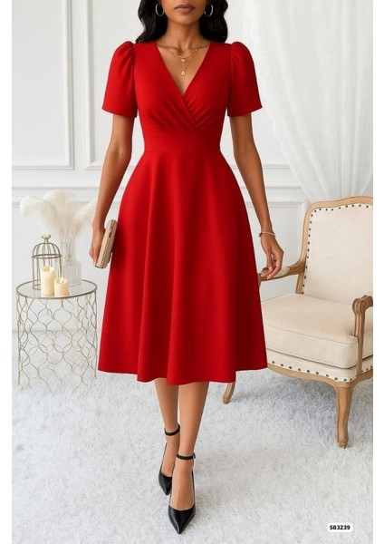 Kadın Kruvaze Yaka Kısa Kollu Midi Boy Krep Kumaş Elbise