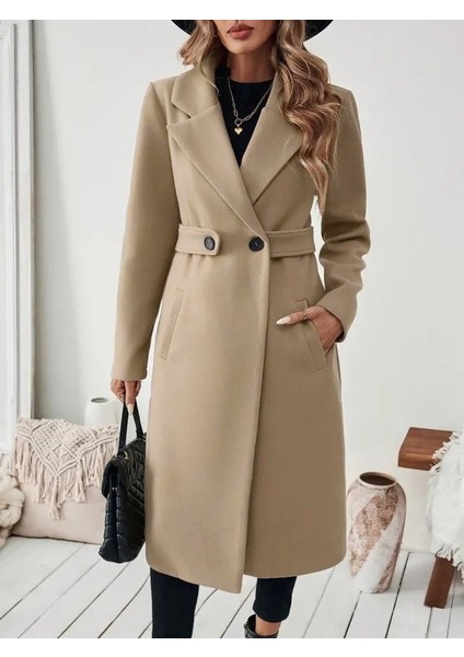 Kadın Uzun Kollu Yakalı Belde Şerit Düğme Detaylı Cepli Mini Kaşe Kaban modelleri