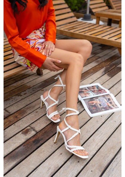 Sandi Kadin Beyaz Örgu Detay Topuklu Sandalet