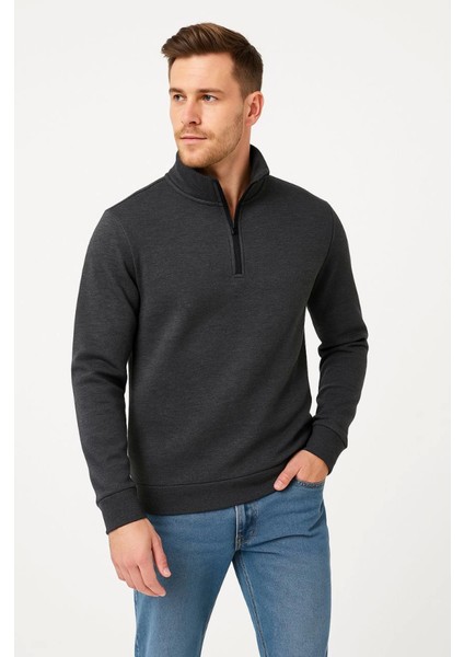 Erkek Dik Yaka Sweatshirt Dik Yaka Yarım Fermuarlı 3 Iplik Şardonlu Pamuk Kumaş - Antrasit fiyatları