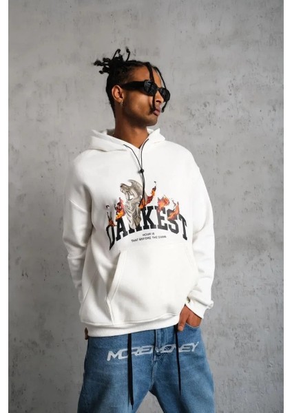 Erkek Oversize Kapüşonlu Sweatshirt – Beyaz Renk Üç Iplik Içi Pamuklu Kanguru Cepli Baskılı Hoodie Rahat Kalıp Kışlık Günlük Kombinlere Uygun - Beyaz modelleri