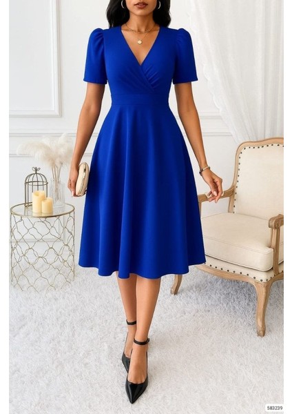 Kadın Kruvaze Yaka Kısa Kollu Midi Boy Krep Kumaş Elbise