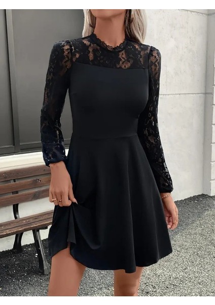 Kadın Uzun Kollu Dantelli Kloş Mini Ithal Krep Elbise fırsatları