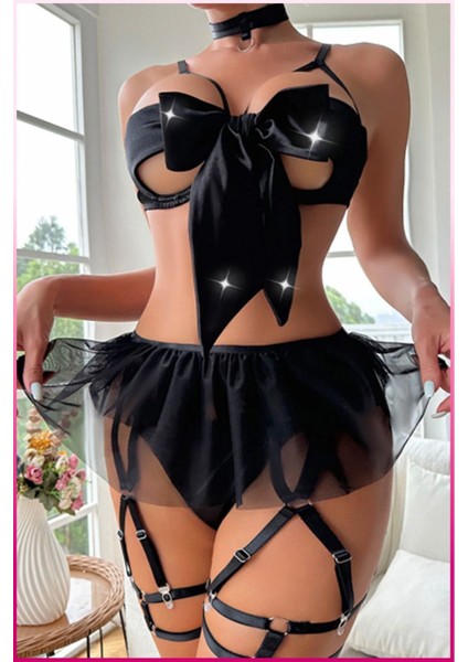Siyah Transparan Mini Etekli Halter Detaylı Fantezi Iç Çamaşırı Takımı
