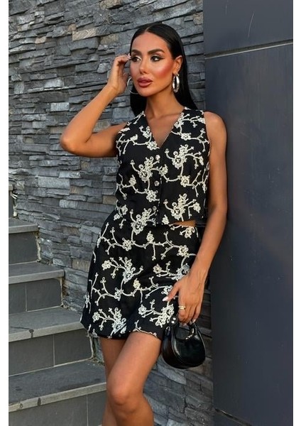 Nakışlı Yelek Şort Etekli Keten Takım 10226-08 fırsatları