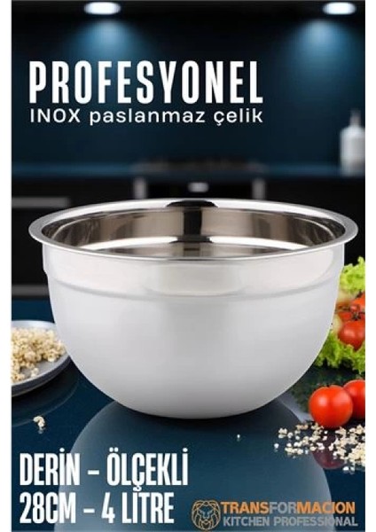 Modacar Inox Ölçekli Derin Kase - 28 cm 4 Litre Karıştırma Kabı Profesyonel 304 Paslanmaz Çelik