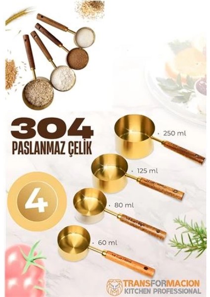 Modacar 4 Lü Ölçü Kabı 304 Paslanmaz Çelik Masif Ahşap Saplı fiyatları
